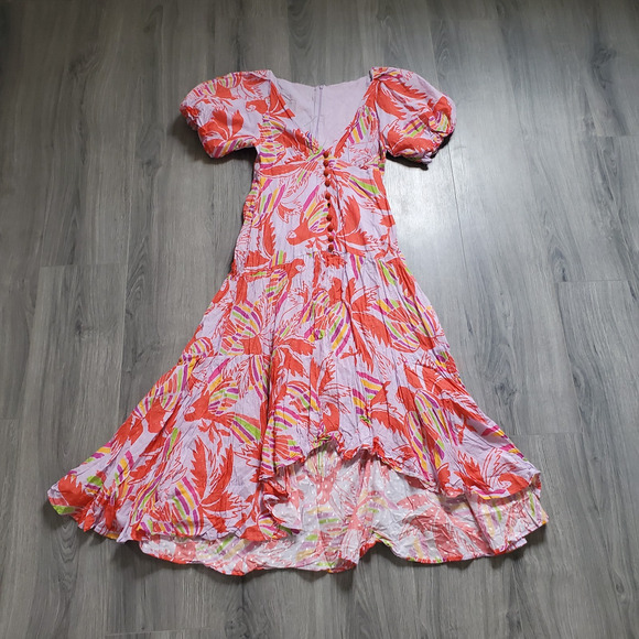 Farm Rio Dress Small Maxi High Low Red Purple Birds Puffed Sleeve Boho Colorful - Picture 1 of 14
